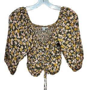 AEO American Eagle Peasant Crop Top Floral Women's Medium Smocked 3/4 Sleeve